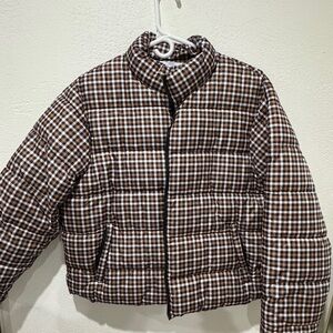 Brown Checkered Women's Puffer Jacket